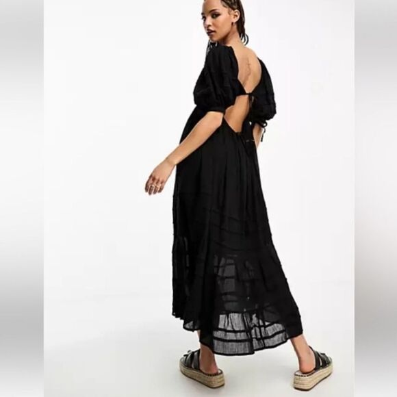FREE PEOPLE Black Lets Be Friends Drawstring Waist Puff Sleeve Midi Dress XS - Picture 2 of 7